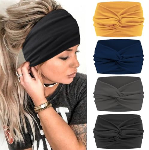 Blooms Bandeau Cheveux Femme, Bandeau Large Serre Tete Femme Élastique Headband Yoga Sport Bandana Multicolore Accessoire Cheveux 4 Pièces