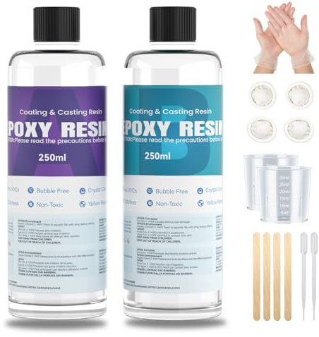 Creatorally Epoxidharz mit Härter 1: 1 Set, 500ml Klares Blasenfreies Epoxy Resin, Glasklar Gießharz mit Messbecher, Rührstab für Schmuck, Formen, Wohnkultur