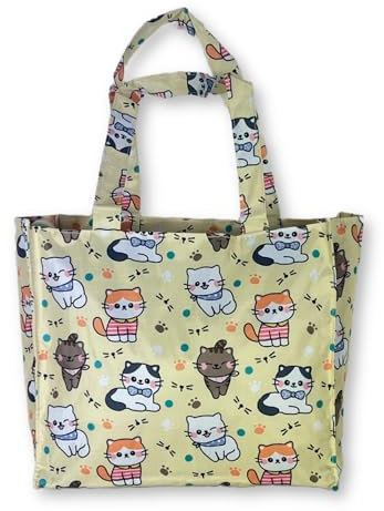 Borsa Donna Piccola In Plastica Busta Nylon Riutilizzabili per la Spesa Shopper Bag Borse Cerniera Zip Casual Universale Fantasia Gattini 30 cm Idea Regalo di Natale Mamma (Fantasia P.1 Giallo)
