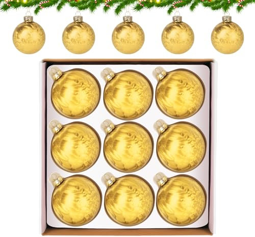 Hengsong Weihnachtskugeln Glas Groß,9er Christbaumkugeln Glas,Weihnachtskugeln Gold Set für Weihnachtsbaumschmuck&Christbaumschmuck,mit Federmotiv,8cm