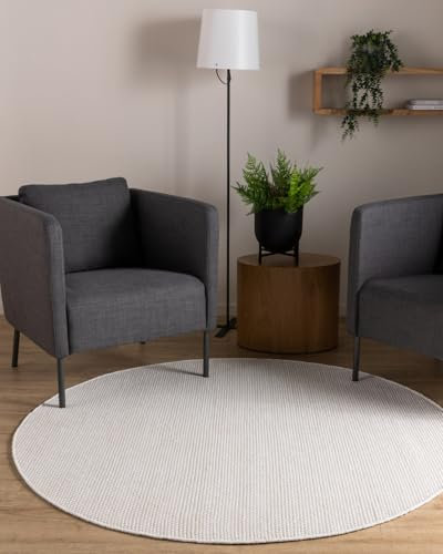 Interiyou handgewebter Baumwollteppich Riga - 120x120 cm Rund Weiß - Handwebteppich für Wohnzimmer, Schlafzimmer - 100% Handarbeit Naturfaser Teppich Flachgewebe