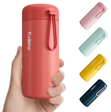 Exllena 300ml Small Water Bottle Made of 304 Stainless Steel, Small Flask with Carry Handle Double Wall Vacuum Insulation for Hot&Cold Drinks for Handbag - 100% Leakproof (Coral Red)