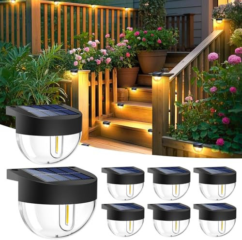 btfarm Solar Lights Outdoor Garden, 8 Pack Fence Lights Solar Powered Waterproof, Deck Steps Retro LED Solar Lighting for Stairs, Yard, Patio, Pathway, Decking, Patio, Railing Decoration, Warm White