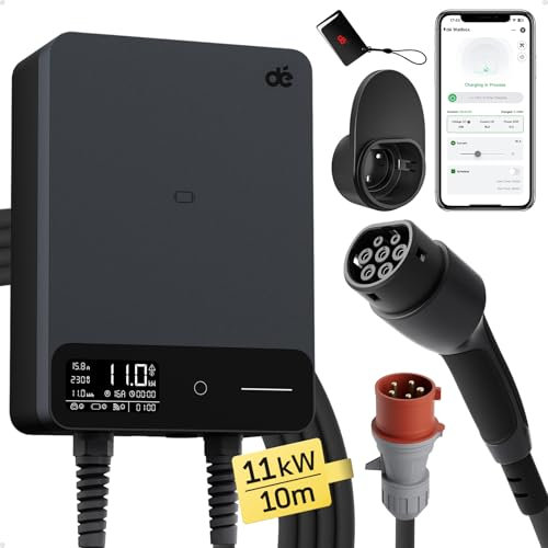 dé Typ 2 Wallbox 11kW mit APP und RFID, 6-16A 3-Phasen EV-Ladegerät 400V mit 10m Ladekabel und Kabelhalter für BEV/PHEV, RCD Typ-B & IP54-Schutz, effiziente Ladestation für Zuhause, schwarz