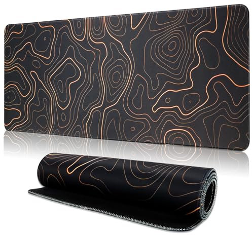 TOPWAYS Mouse Mat Mouse Pad, Large Desk Mat Gaming Mouse Pad Keyboard Mat Desk Pad Mousemat Extend Long Mouse Mat for Keyboard and Mouse 800 x 300 x 3mm (Black Topographic Orange)