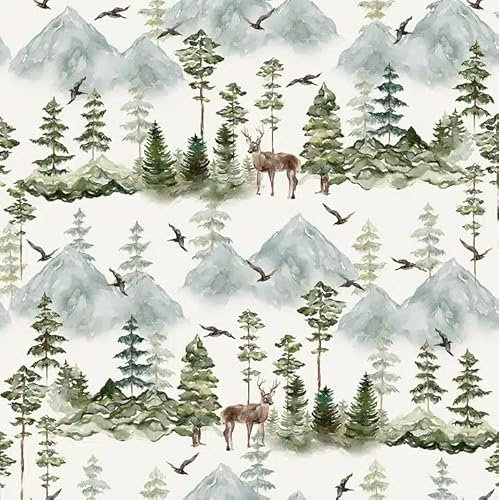 Wand Tapete Pine Wood 3, Waldmuster mit Bergen und Hirschen, Aquarell Naturmotiv