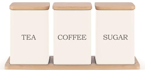 Ehc Tea, Coffee, Sugar, Canister Set, Storage Canister Set with Tray - Easy to Open Airtight Lids - Storage Tea, Sugar, & Coffee - Set of 3 Canisters, Cream