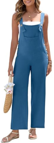 HOTIAN Salopette da donna in lino, estivo, elegante, in lino, lungo, casual, con grandi tasche, Blu, L