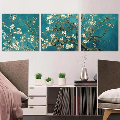 LSYALUCK Flowers Canvas Posters Classic Plants Blue Wall Art Poster Pirnt Apricot blossom Tree on Canvas Paintings Home Decor 40x40cm(16x16in) x3 innerframe