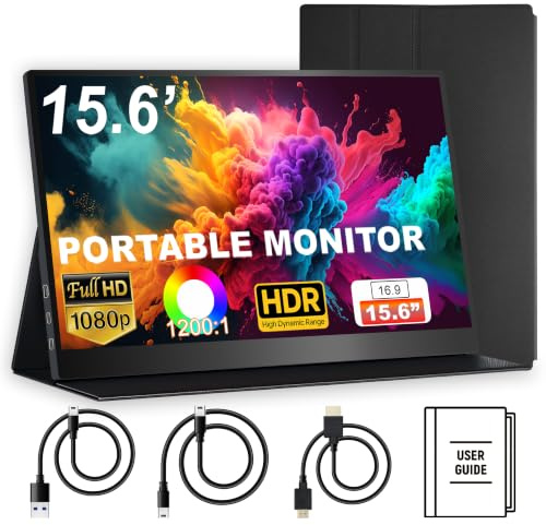 Portable Monitor 15.6 Inch 1080P FHD, External Portable Screen for Laptop, MacBook, Phones, Tablet, PS5/4, Xbox, Switch-USB C & HDMI Connectivity, Built-in Speakers, Slim Design with Protective Case