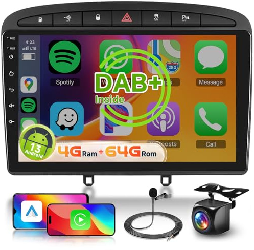 【8 Kern 4+64G】 Hodozzy Carplay DAB DAB+ Autoradio für Peugeot 308/408 2007-2015, 9 Zoll Touchscreen Android Autoradio mit Android Auto/WiFi/GPS/RDS/FM/Bluetooth/USB+Rückfahrkamera