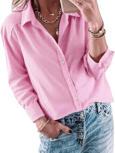 Cicy Bell Chemisier à col en V pour Femme - Élégant et décontracté - Manches Longues boutonnées - Chemisier à Carreaux - Décontracté - Haut d'affaires - Tunique, Rose, M