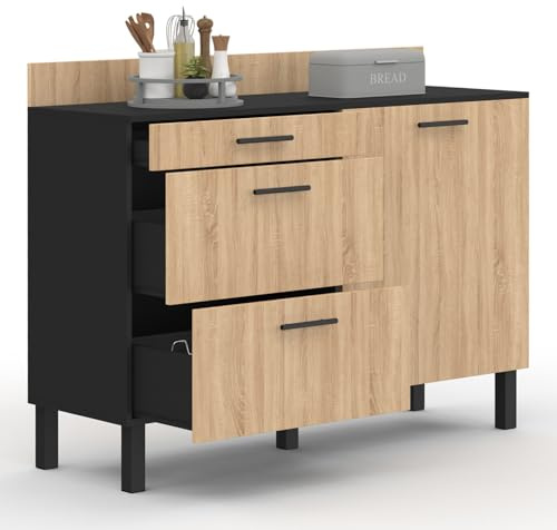 IDMarket - Buffet Bas casserolier de Cuisine 120 cm CINA Noir, façon hêtre | Plan de travail h.83 cm 1 porte + 3 tiroirs