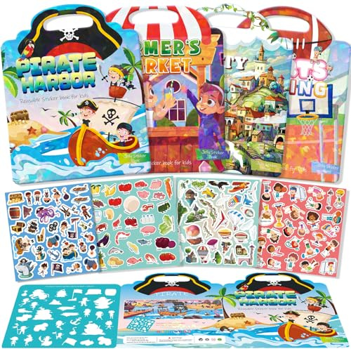 GUYUCOM Stickers for Children Aged 2+, 4-Pack Reusable Sticker Book, Portable & Waterproof, Suitable for Boys and Girls Aged 2+, Children's Gift Toy for Ages 2, 3, 4, 5, 6