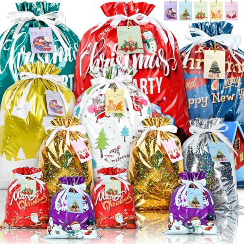 Christmas Gift Bags, Xmas Wrapping Bags for Presents Large Medium Size | Reusable Christmas Wrapping Bags with 20 Tags, Multipack Christmas Bags Luxury Santa Claus Ornament for Party, Holiday