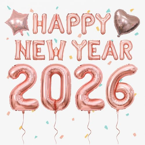 Silvester Deko 2026 Set Folienballon XXL Zahlen Happy New Year Girlande Luftballons Stern Herz Partydeko Neujahr Ballondeko Raumdekoration Rosegold Silvesterparty Feierartikel Party Zubehör
