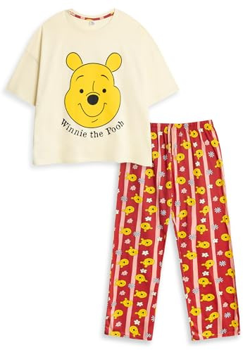 Disney Winnie The Pooh Women's Yellow & Red Short Sleeve Long Leg Pyjama Set | Cartoon Sleepwear with Classic Design | Comfortable Nightwear for Home Merch