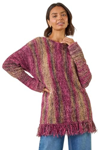 Roman Originals Fluffy Tassel Hem Knit Jumper for Women UK - Ladies Everyday Autumn Winter Round Neckline Comfy Soft Evening Vacation Work Party Night Out