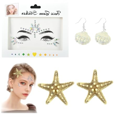 Meerjungfrau Accessoires Damen Mermaid Seestern Haarspangen Ohrringe in Muschelform Gesichtsaufkleber für Karneval Sommer Mottoparty Maskerade für Frauen Mädchen (3)