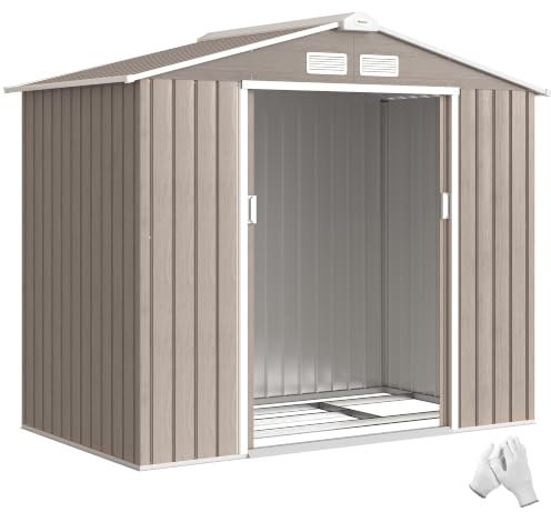 Outsunny Abri de Jardin en métal 2,77 m² 213 x 130 x 185 cm Marron Clair | Cabane de Jardin Extérieur, Cabanon Rangement Outils, Kit de Fondation, Porte Coulissante Verrouillables, 4 Aérations