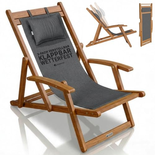 Juskys® Sonnenliege Tavira Anthrazit - Klappbar, 3-Fach verstellbare Rückenlehne, mit abnehmbarem Kopfpolster, wetterfest, geöltes Akazienholz, 6 kg