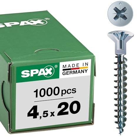 SPAX Universalschraube mit Kopflochbohrung, 4,5 x 20 mm, 1000 Stück, Kreuzschlitz Z2, Kleiner Senkkopf (Ø 5mm), Vollgewinde, WIROX A3J, blank verzinkt, 0271010450205