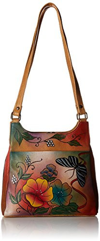 Anna by Anuschka Damen Handbemalte umhängetasche DREI Fächern Satchel Handtasche | Echtes Leder, Wildblume