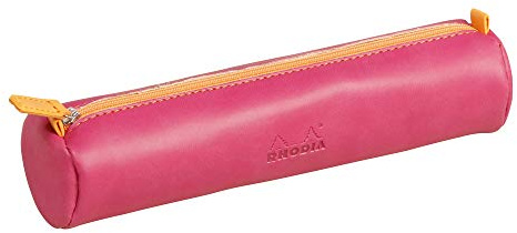 RHODIA 318992C - Raspberry Rhodiarama Round Pencil Case - 21.5 x 5.5 cm - Genuine Orange Stitching - Ivory Jersey Interior - Faux Leather - Storage for Pens, Pencils, Markers, Small Supplies