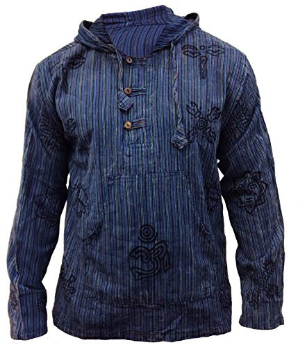 SHOPOHOLIC FASHION Hommes délavéà Rayures à Capuche Hippie Chemise Grand-père - Bleu, XX-Large