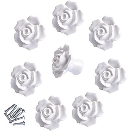 DLD 8 Pcs Ceramic Vintage Floral Rose Flower Door Knobs Handle Drawer Kitchen + Screws (White)