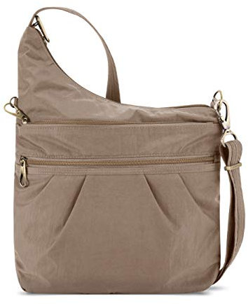 Travelon Sac à bandoulière antivol Signature 3 compartiments pour femme, taille unique, Sable, 13.75 x 11.5 x 3, Sac à bandoulière antivol Signature 3 compartiments