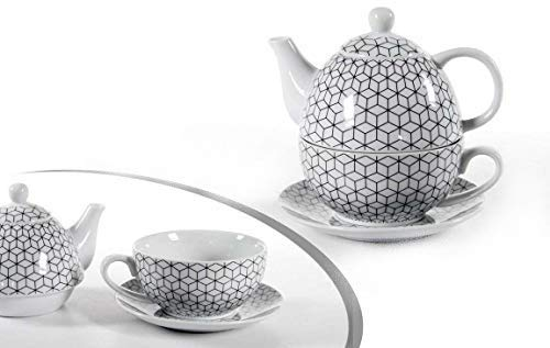 GICOS IMPORT EXPORT SRL Set thè Tazza con teiera e piattino in Porcellana Decoro cubi 15,5+13,5 CM ELA-780813