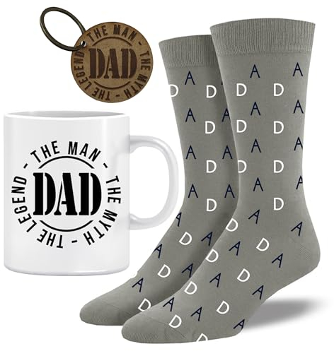 MIMUSELINA | Pack Regalos Dia del Padre | Taza Desayuno DAD + Calcetines DAD + Llavero DAD | Regalo Ideal y Original para el Día del Padre | Regalos Originales para Padres Primerizos