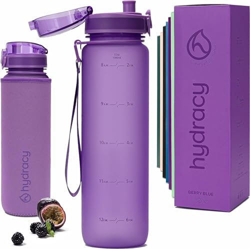 Hydracy Water Bottle with Time Marker - Large 1 Litre BPA Free Water Bottle - Leak Proof & No Sweat Gym Bottle with Fruit Infuser Strainer -Ideal for Fitness or Sports & Outdoors -Berry Blue