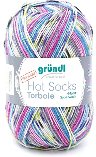 Gründl Hot Socks Torbole (Sockenwolle aus 75 % Schurwolle (superwash) & 25 % Polyamid, 4-fach Sockengarn, 100 g / 420 m, Nadelstärke: 2,5 - 3 mm, 100 g), lavendel-capri-pflaume-weiß-salatgrün-graphit