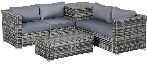 Outsunny 6 TLG. Polyrattan Gartenmöbel Set Sitzgarnitur mit Kissen Sitzgruppe Gartenset Sofagarnitur Lounge Tisch mit Stauraum Stahl Luxus Grau