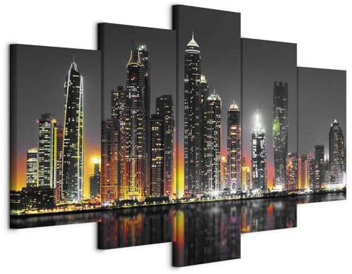 B&D XXL - Leinwandbild City Stadt Nacht, 150x75 cm, 5-teilig, Schlafzimmer | Hochwertige Leinwand, sofort aufhängbar, ideal fürs Wohn- oder Schlafzimmer, wasserfest und lichtecht, langlebig, stilvoll