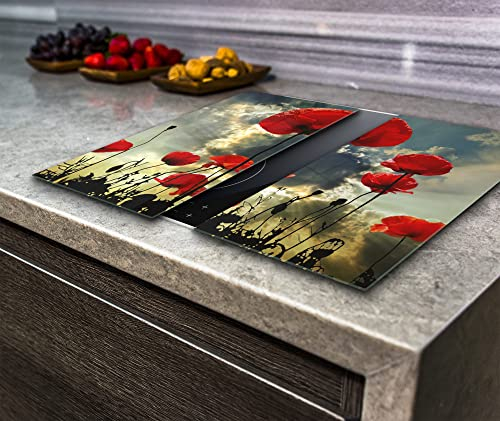Va Art Glass, Hob Cover Induction Electric Cooker Chopping Board Glass Set, 2 Parts, Red Poppies (2X Wide 30 x Height 52 /cm)