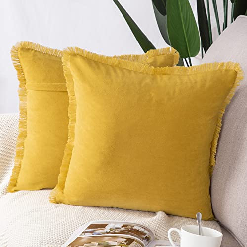Madizz 2er Set Kissenbezügen aus Wildleder mit Fransenquasten Weiche dekorative Kissenbezüge für Sofa Schlafzimmer Kissenhülle Gelb 40x40 cm Quadrat