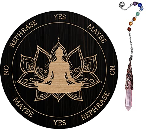 AHANDMAKER Pendel Brett esoterik ja Nein rund Stern Wünschelrutenbrett aus Holz mit Rosenquarz-Kristall Wünschelruten Hexerei Wahrsagewerkzeuge für Geisteraltar Dekoration – Lotus Buddha