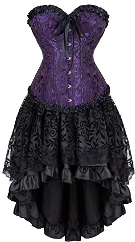 Jutrisujo Corset Jupe Bustier Robe Set Femmes Sexy Dentelle Floral Guêpière Lingerie Grande Taille Burlesque Violet XL