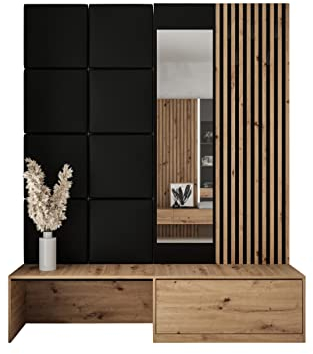 Mirjan24 Paladura I Armoire à chaussures + miroir + panneau à lamelles avec crochet + panneau rembourré/panneau mural, porte-manteau mural, porte-manteau mural (chêne artisan, Soft 011)