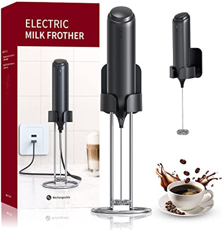 Espumador eléctrico USB recargable con soporte iun de acero inoxidable, batidora de leche eléctrica portátil manual para leche, té, café, Matcha, Lattes