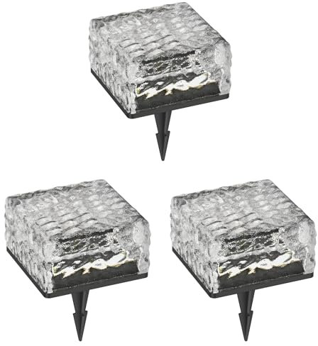ledscom.de 3 Stück LED Solar-Pflasterstein Bodeneinbauleuchte BROSLO mit Erdspieß für außen, Glas, 10 x 10cm, warmweiß