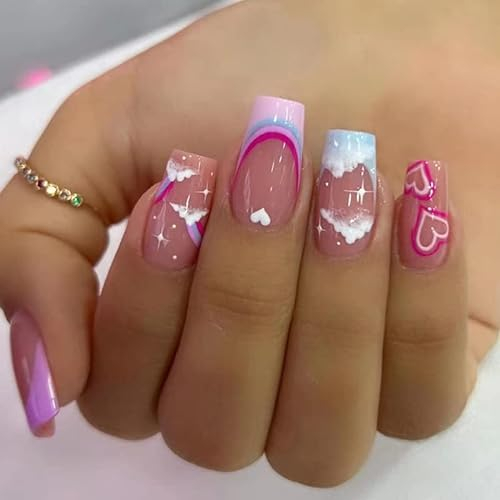 Handcess Valentine's French False Nails Short Pink Press on Nails Cloud Rainbow Fake Nails Heart Stick on Nail for Women and Girls 24Pcs