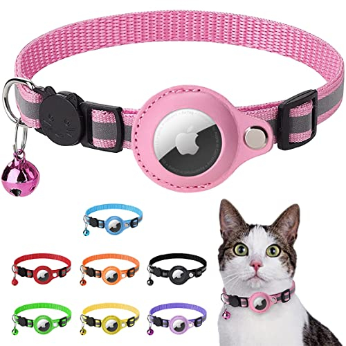 LZXLXS Airtag Katzenhalsband, Airtag Katze Halsband kompatibel mit Apple Airtag, Reflektierendes Kätzchenhalsband mit Halterung und Glocke für Mädchen Junge Katzen, Rosa