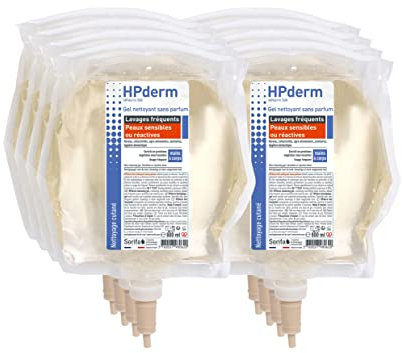 SORIFA - Lote de 8 - HPderm Gel limpiador sin perfume - Lavados frecuentes - Pieles sensibles o reactivas - Manos y cuerpos - Proteínas protectoras de soja - pH neutro, sin jabón - Bolsa de 800 ml
