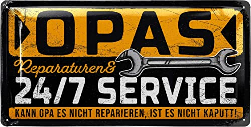 LANOLU Retro Blechschild OPAS SERVICE - Schild Werkstatt OPA - Geburtstagsgeschenk oder Vatertagsgeschenk Schild für Opas - lustige retro Deko mit Spruch - vintage Metallschild mit Wölbung, 16x32cm
