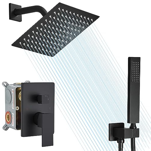 annazom Shower Faucet Set Rain Shower System Matte Black with High Pressure 8 Shower Head Handheld Square Shower Head Bathroom Luxury Rain Shower Faucet Shower Complete Combo Kit Wall Mounted