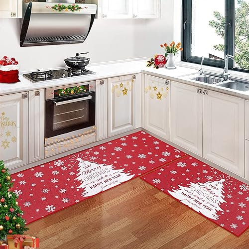 CAROMIO Juego de 2 Tapetes de Cocina de Navidad, Alfombras de Lino para Casa de Campo, Muñeco de Nieve y Árbol para Suelo de Baño, Decoración Festiva